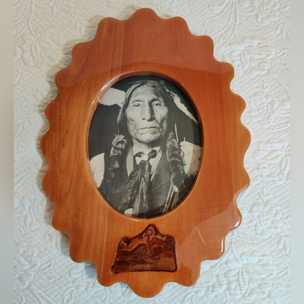 Vintage Cheyenne Native American Wolf Robe Photo In Handmade Wood Frame